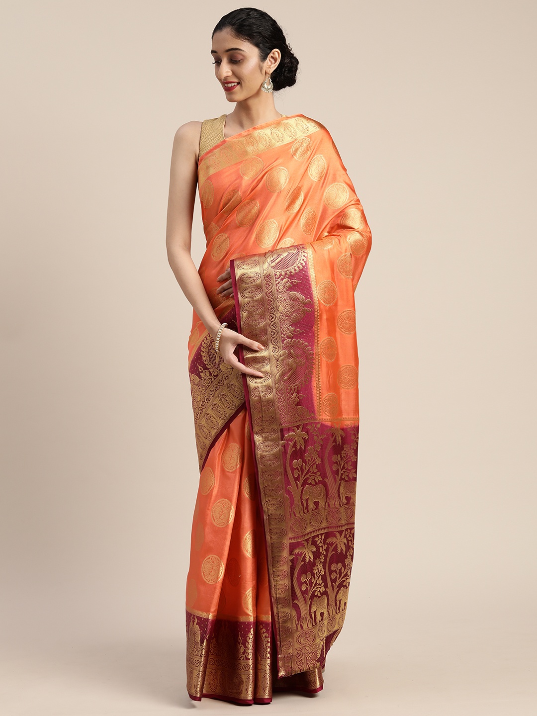 

MIMOSA Orange & Gold-Toned Art Silk Woven Design Kanjeevaram Saree