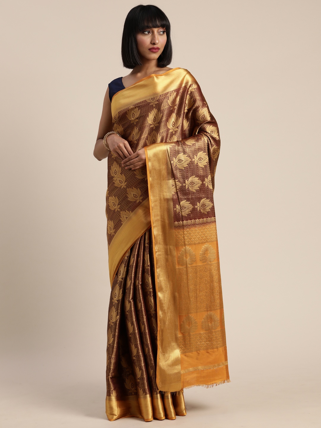 

MIMOSA Brown & Golden Art Silk Woven Design Kanjeevaram Saree