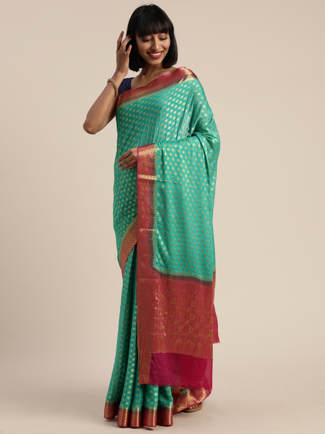 

MIMOSA Green & Pink Poly Chiffon Woven Design Banarasi Saree