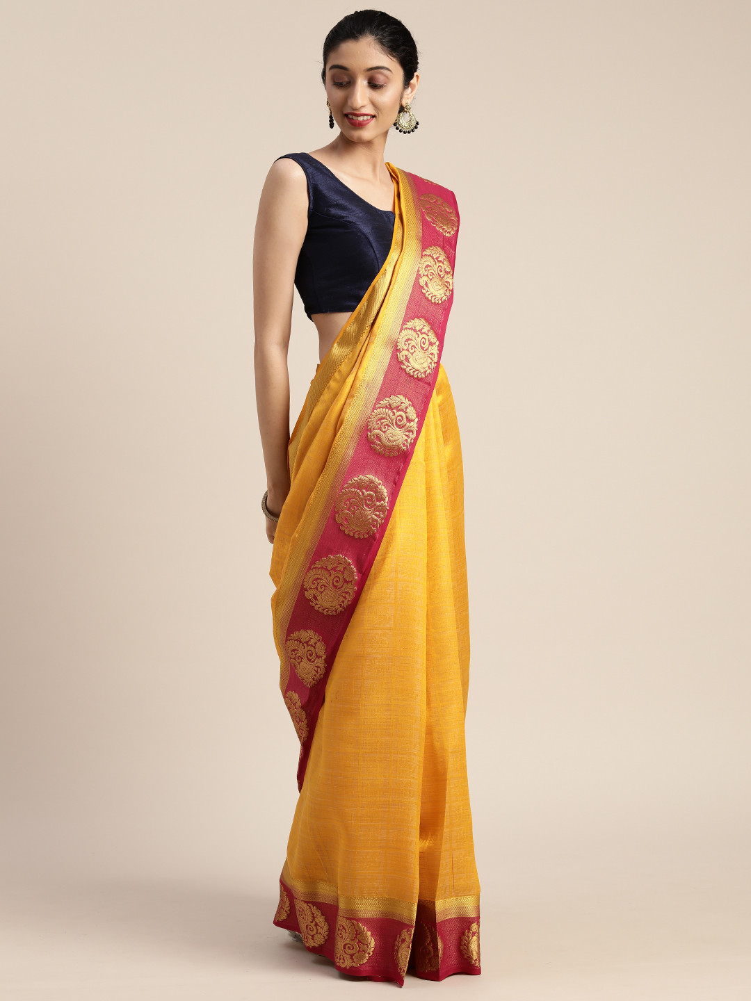

MIMOSA Mustard Yellow Art Silk Solid Kanjeevaram Saree