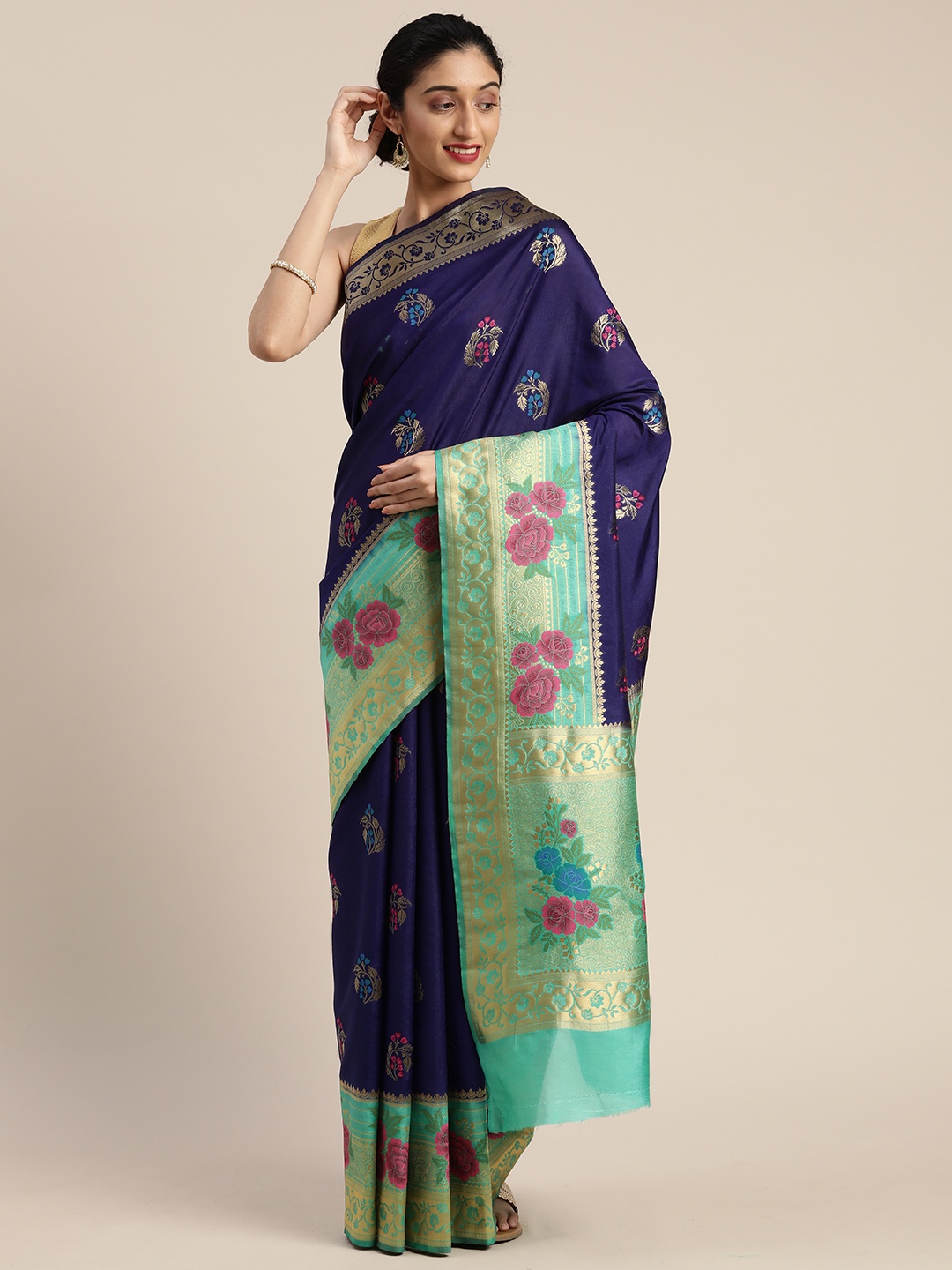 

MIMOSA Navy Blue & Gold-Toned Art Silk Woven Design Patola Saree