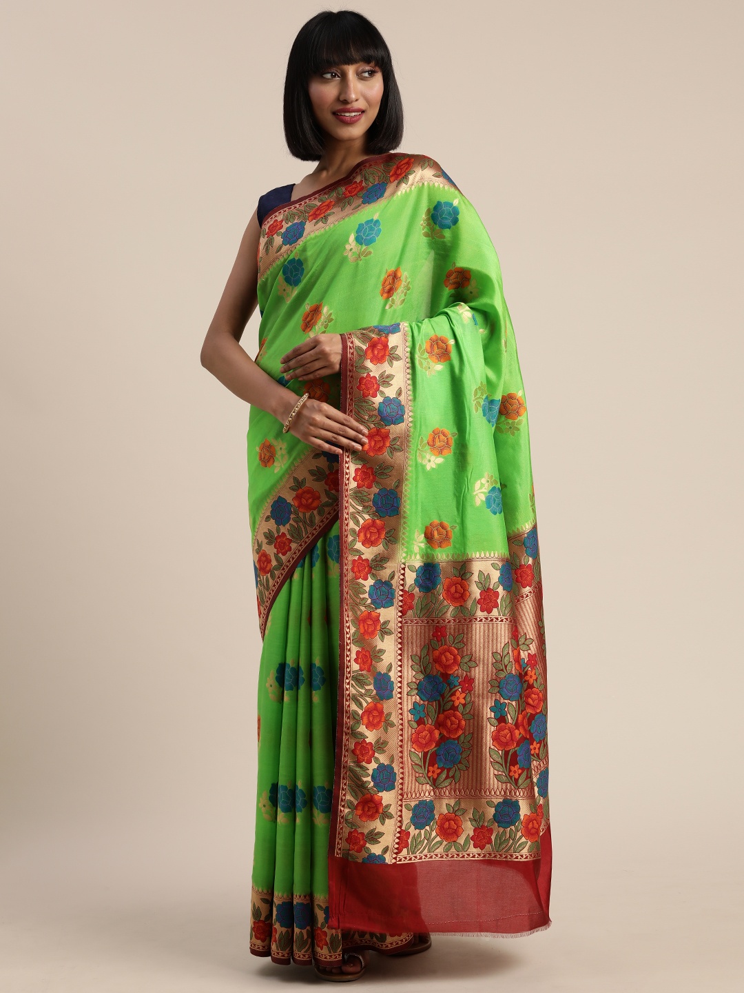 

MIMOSA Green & Red Art Silk Woven Design Patola Saree