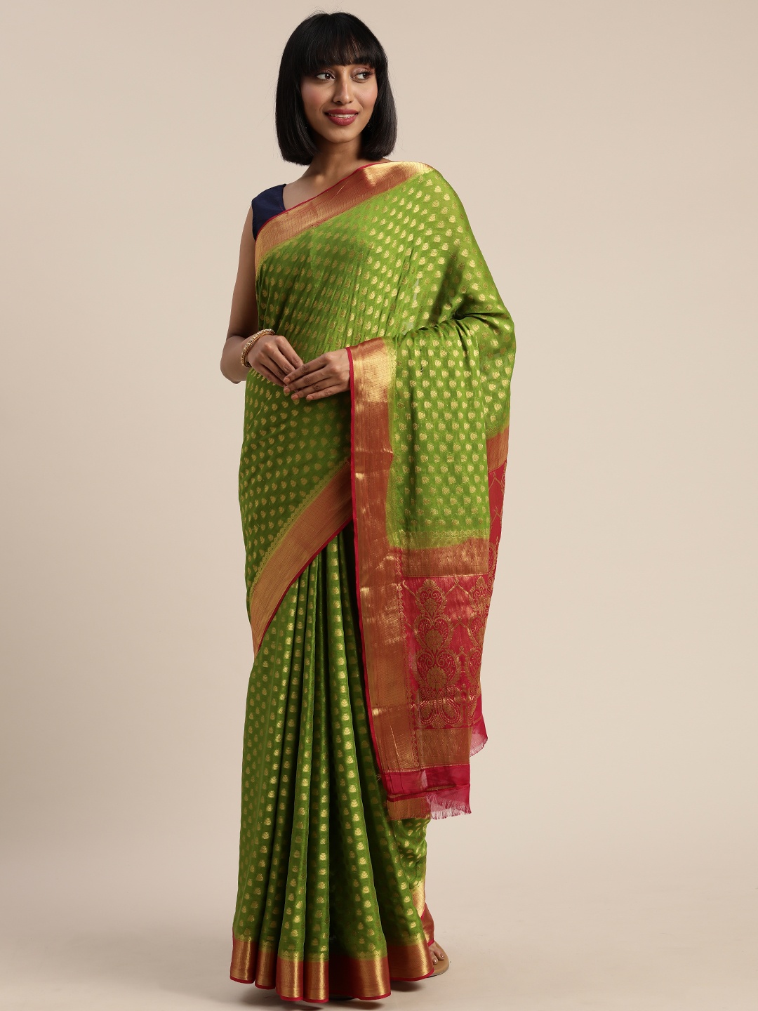 

MIMOSA Olive Green & Pink Poly Chiffon Woven Design Banarasi Saree