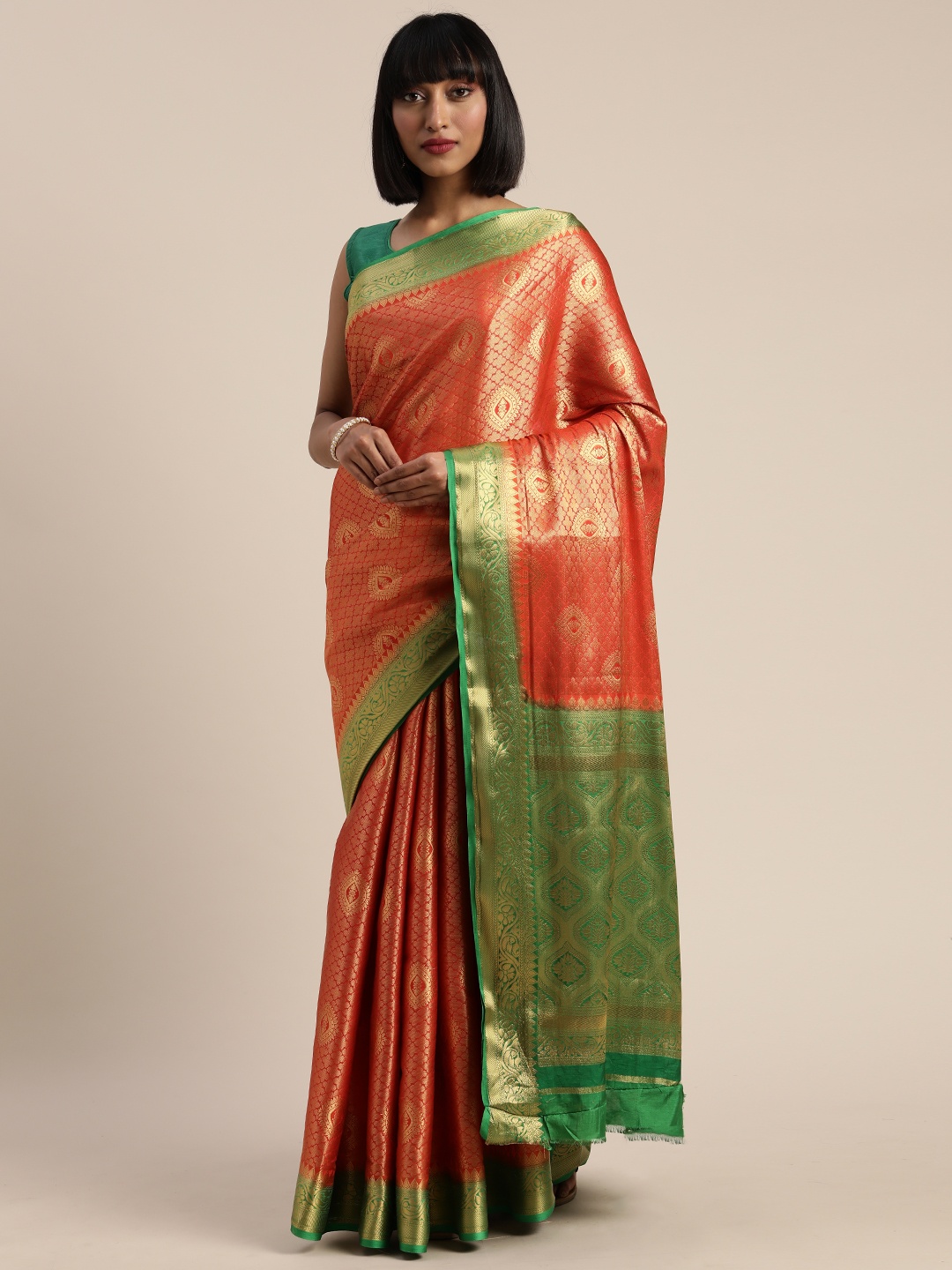 

MIMOSA Red & Green Art Silk Woven Design Kanjeevaram Saree