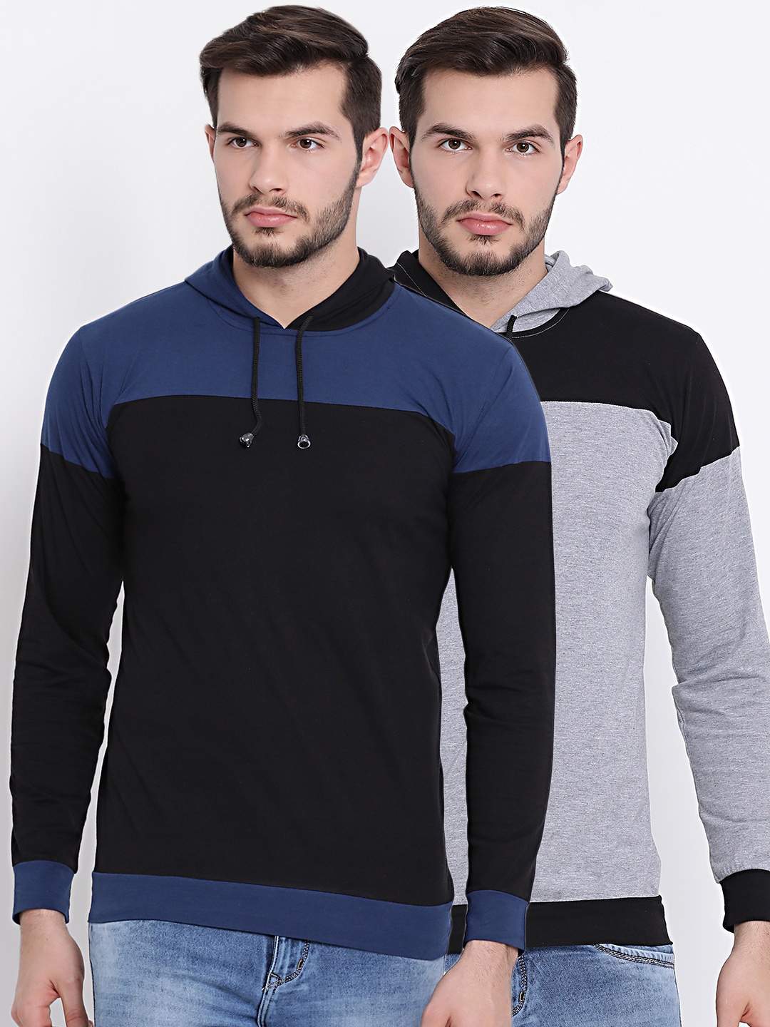 MACK JONNEY Men Pack of 2 Colourblocked Hooded T-shirts, Black