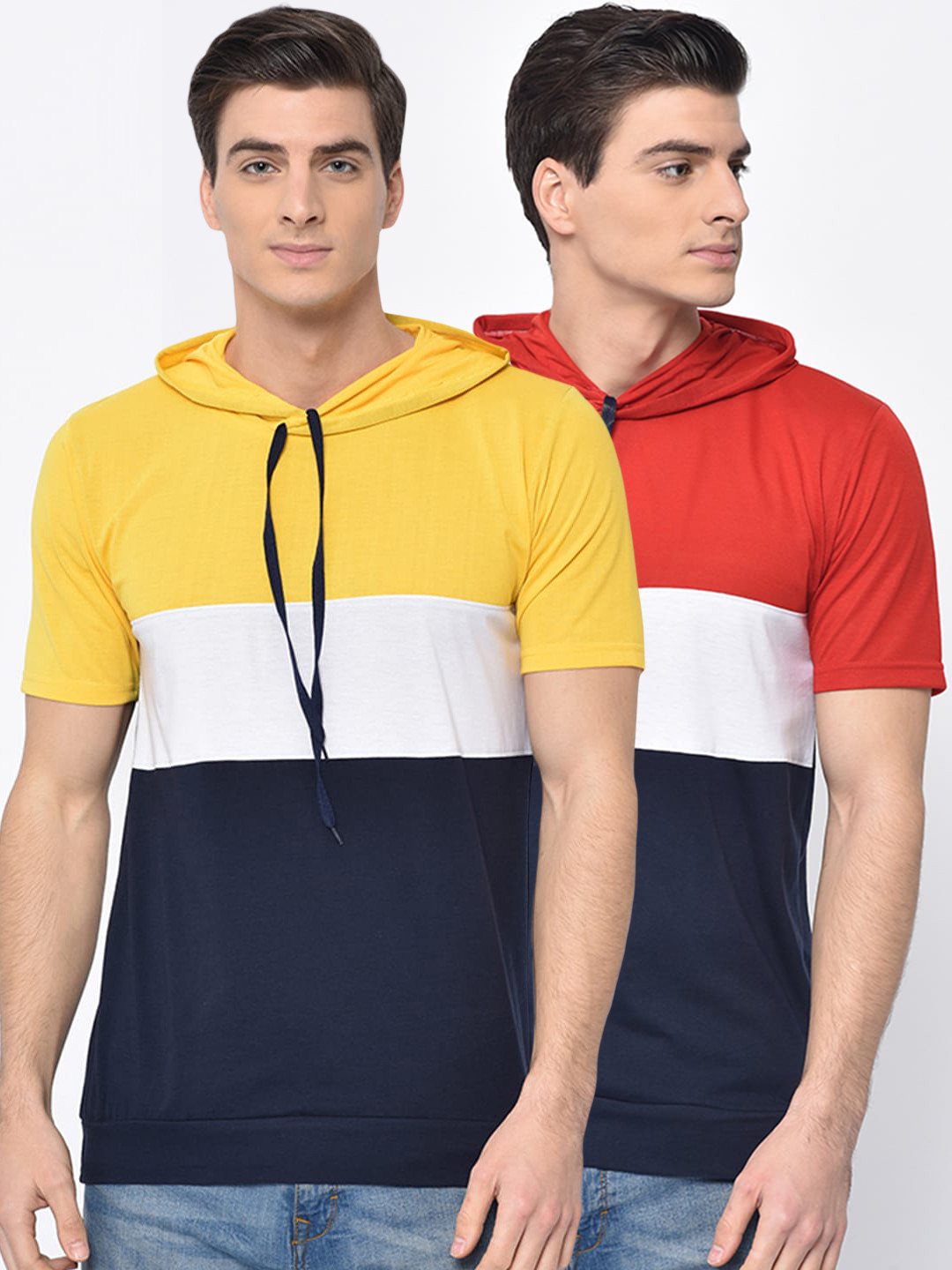 

VIMAL JONNEY Men Pack of 2 Colourblocked Hooded T-shirts, Red
