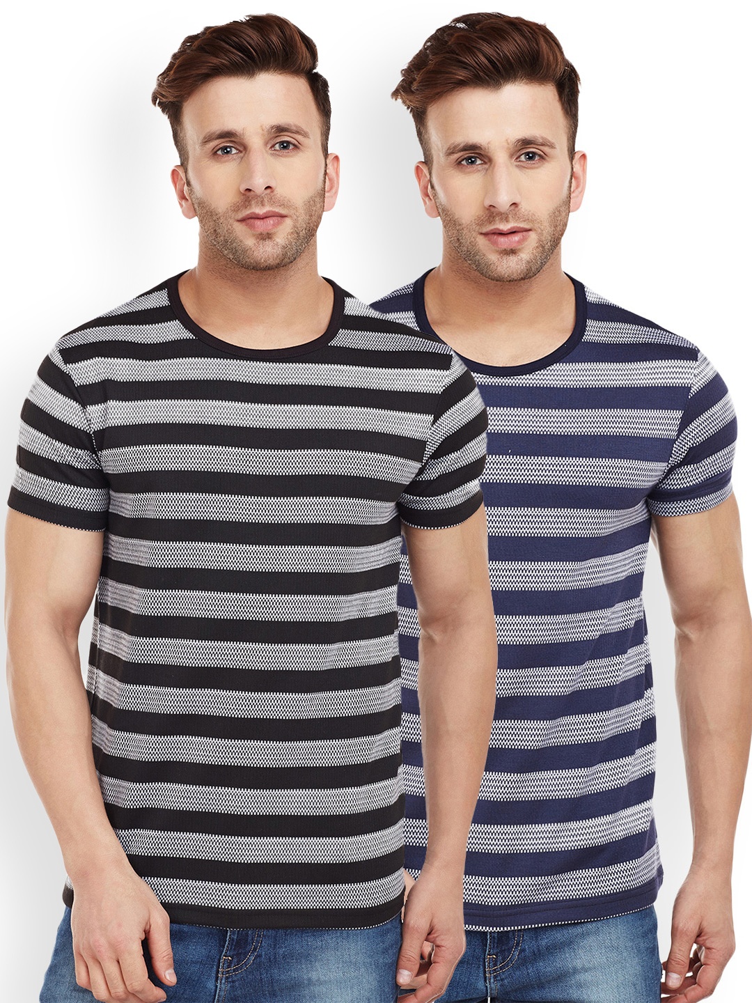 

MACK JONNEY Men Pack of 2 Striped Round Neck T-shirts, Navy blue