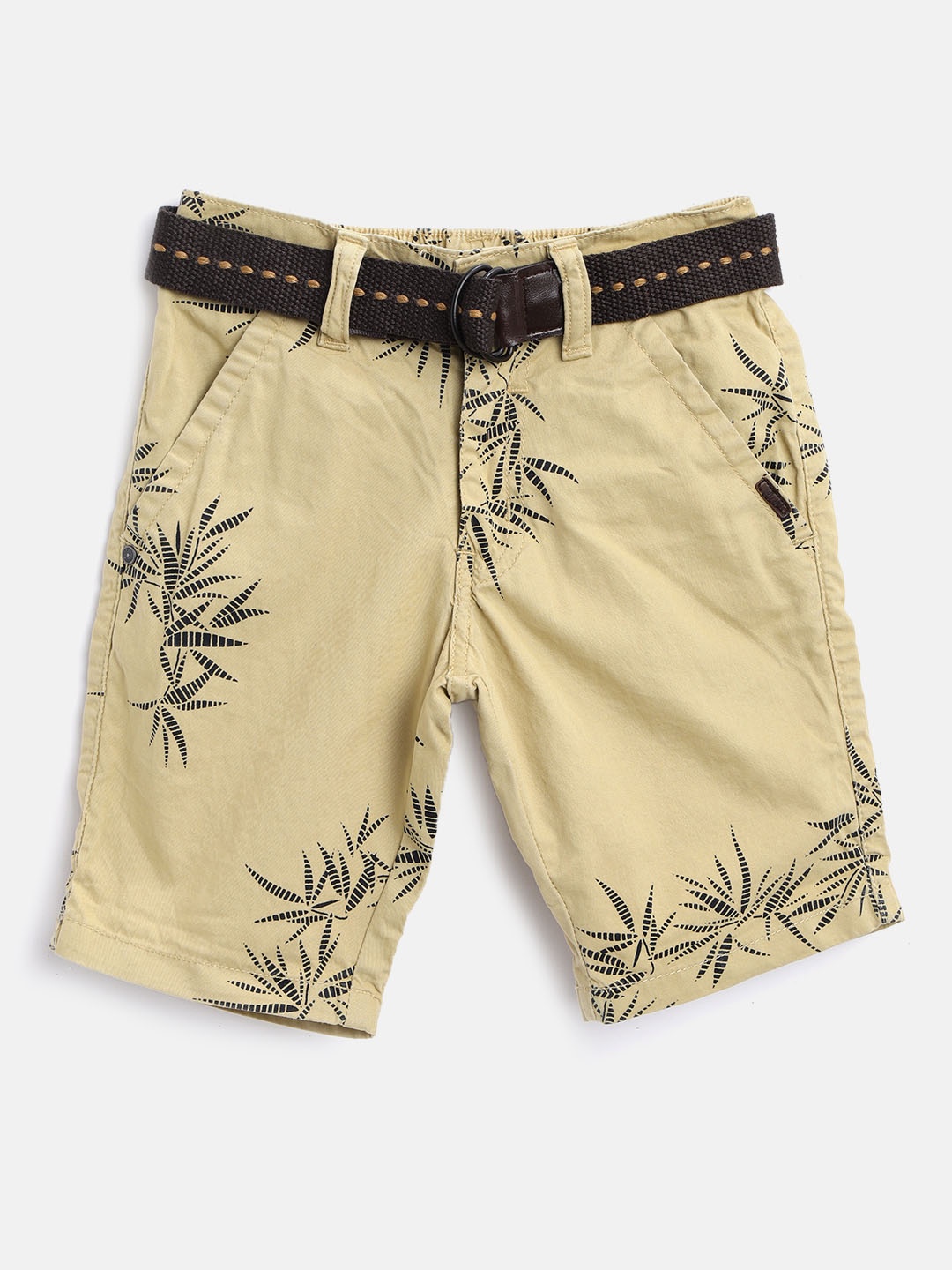 

RUFF Boys Beige & Black Tropical Print Slim Fit Shorts with Belt