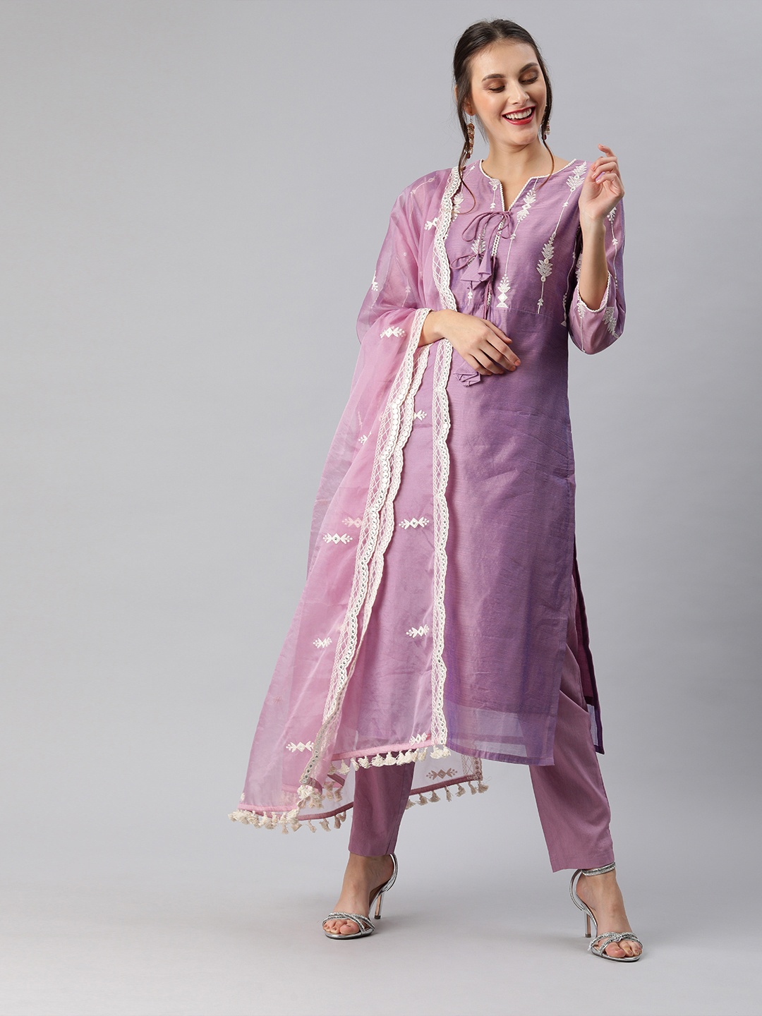 

Inddus Women Purple Embroidered Kurta with Trousers & Dupatta