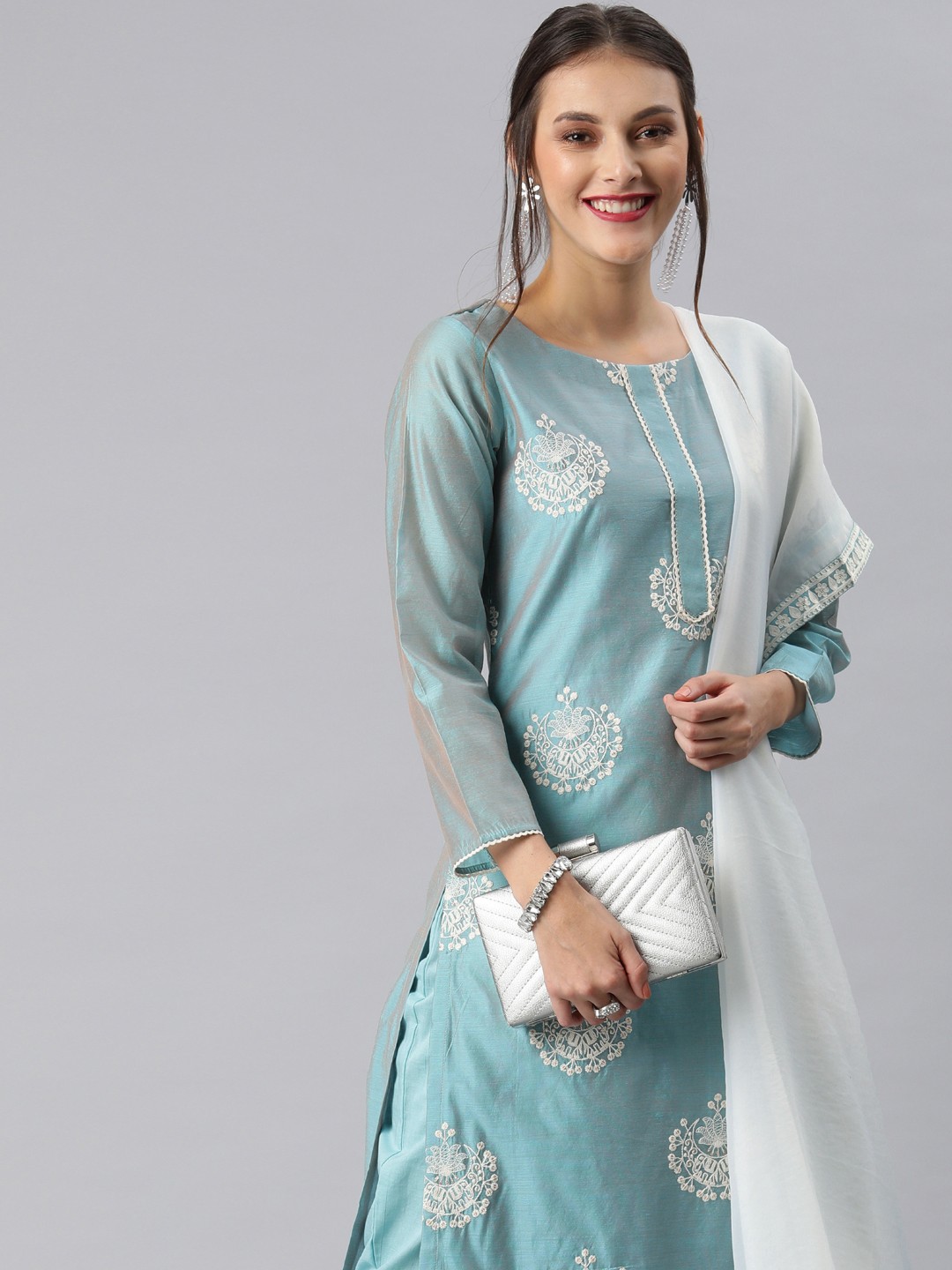 

Inddus Women Blue Embroidered Kurta with Trousers & Dupatta