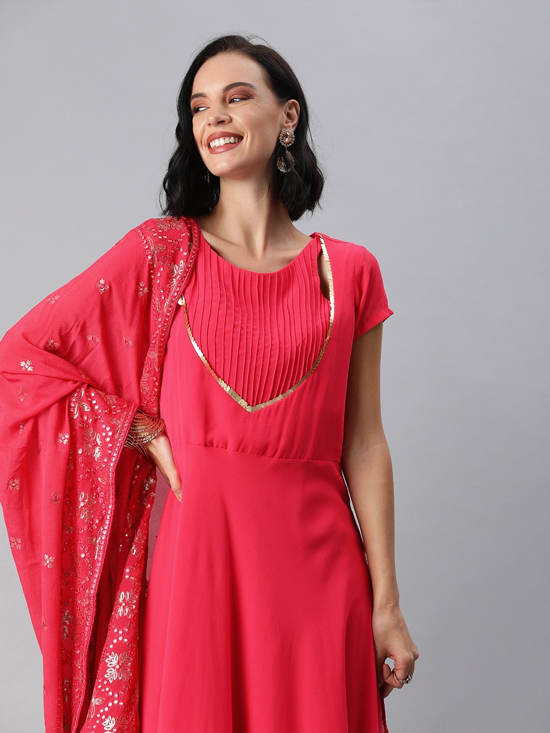 

Inddus Women Pink Solid A-Line Kurta with Dupatta
