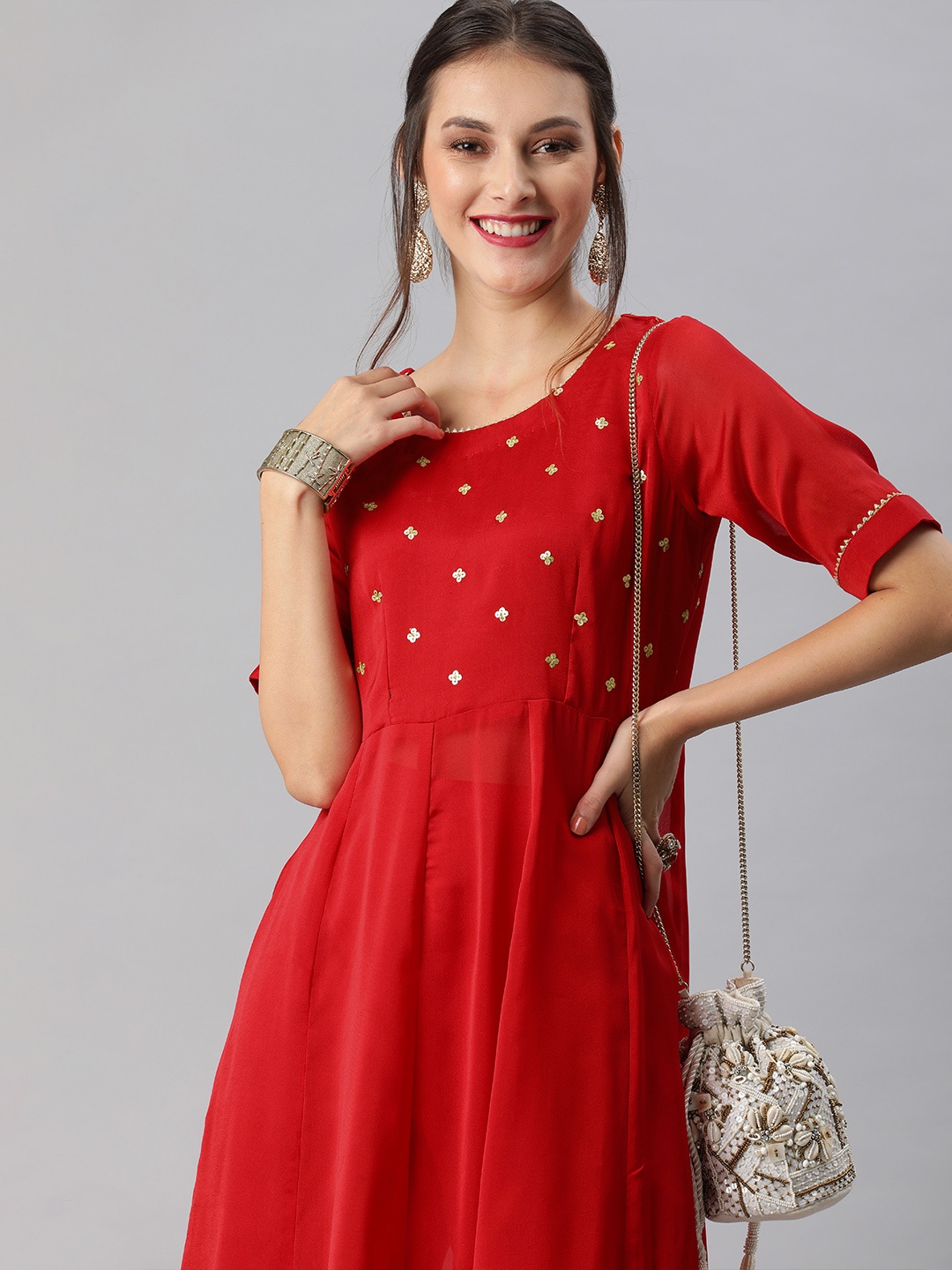 

Inddus Women Red Yoke Design Kurta with Trousers