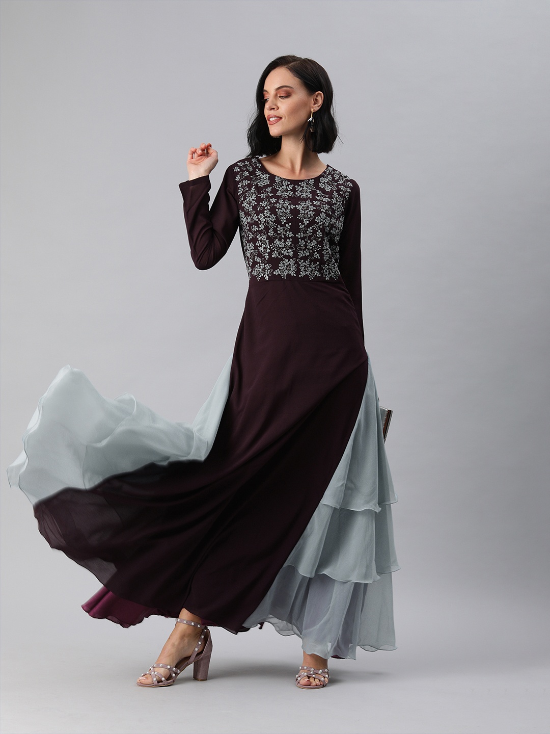 

Inddus Women Burgundy & Grey Floral Embroidered Layered Maxi Dress