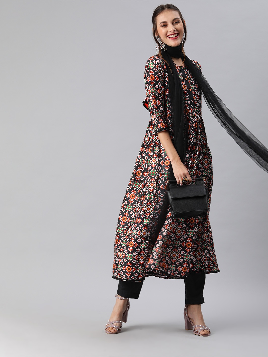 

Inddus Women Black & Orange Printed A-Line Kurta with Trousers & Dupatta