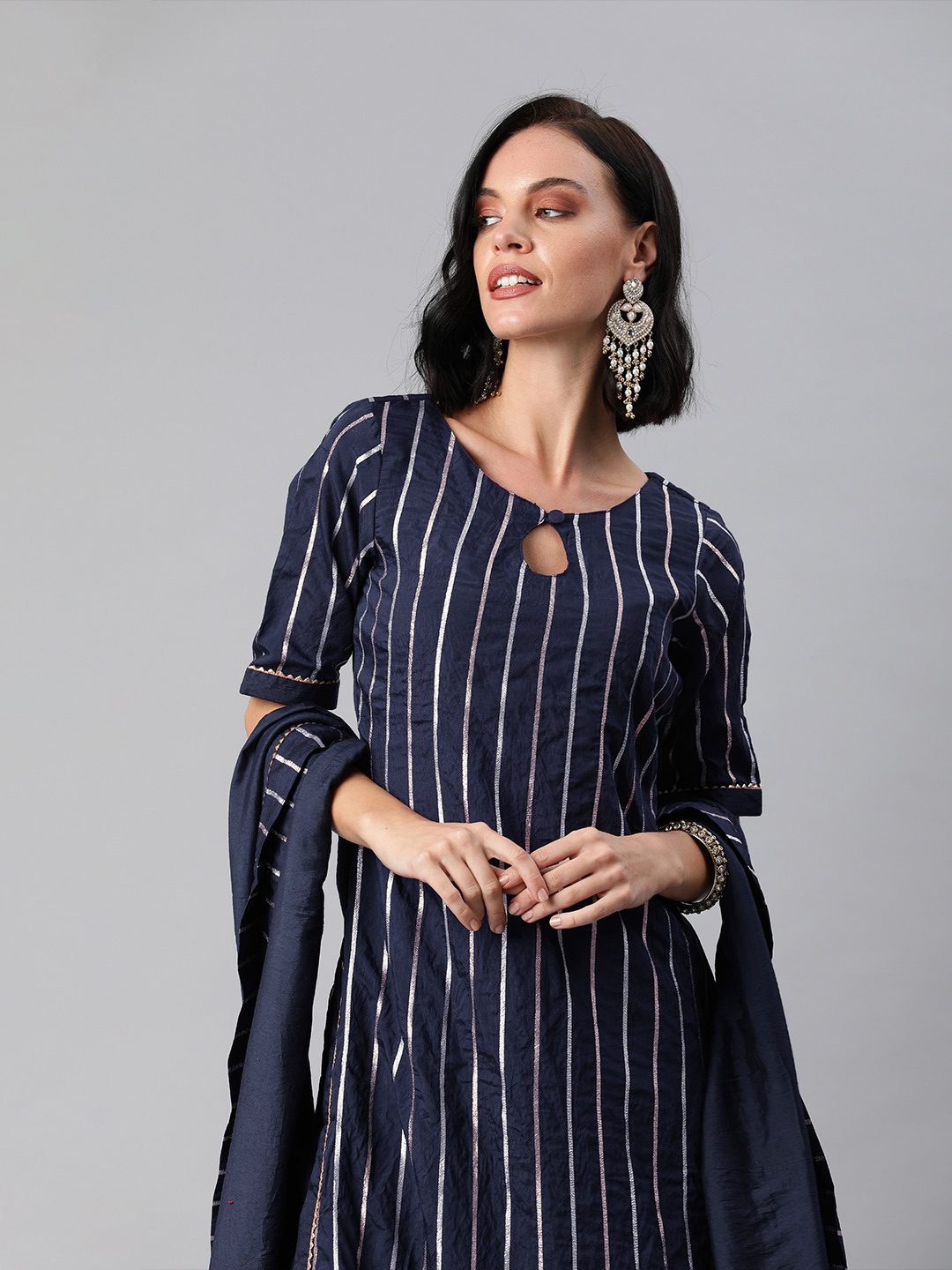 

Inddus Women Navy Blue & Silver-Toned Zari Striped Kurta with Trousers & Dupatta