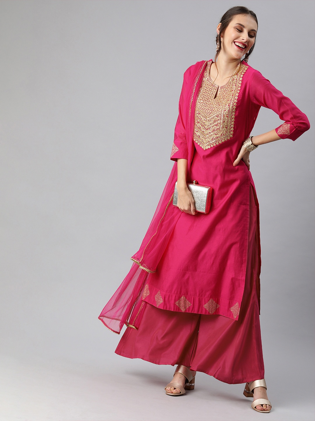 

Inddus Women Pink Embroidered Kurta with Palazzos & Dupatta