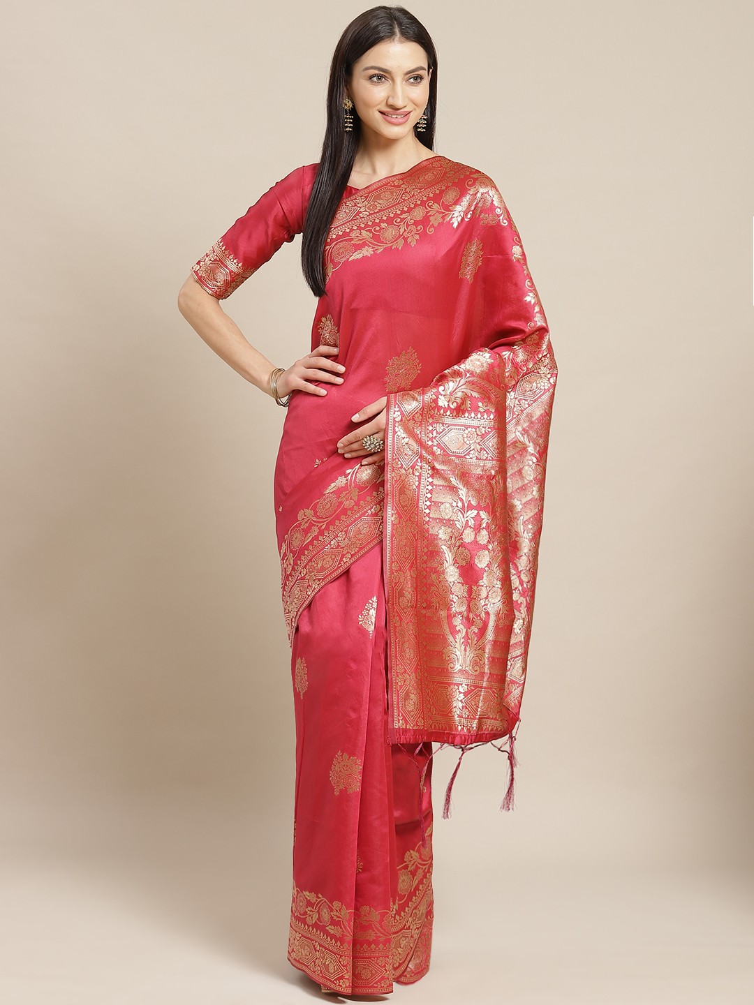 

Saree mall Pink & Golden Woven Design Banarasi Saree