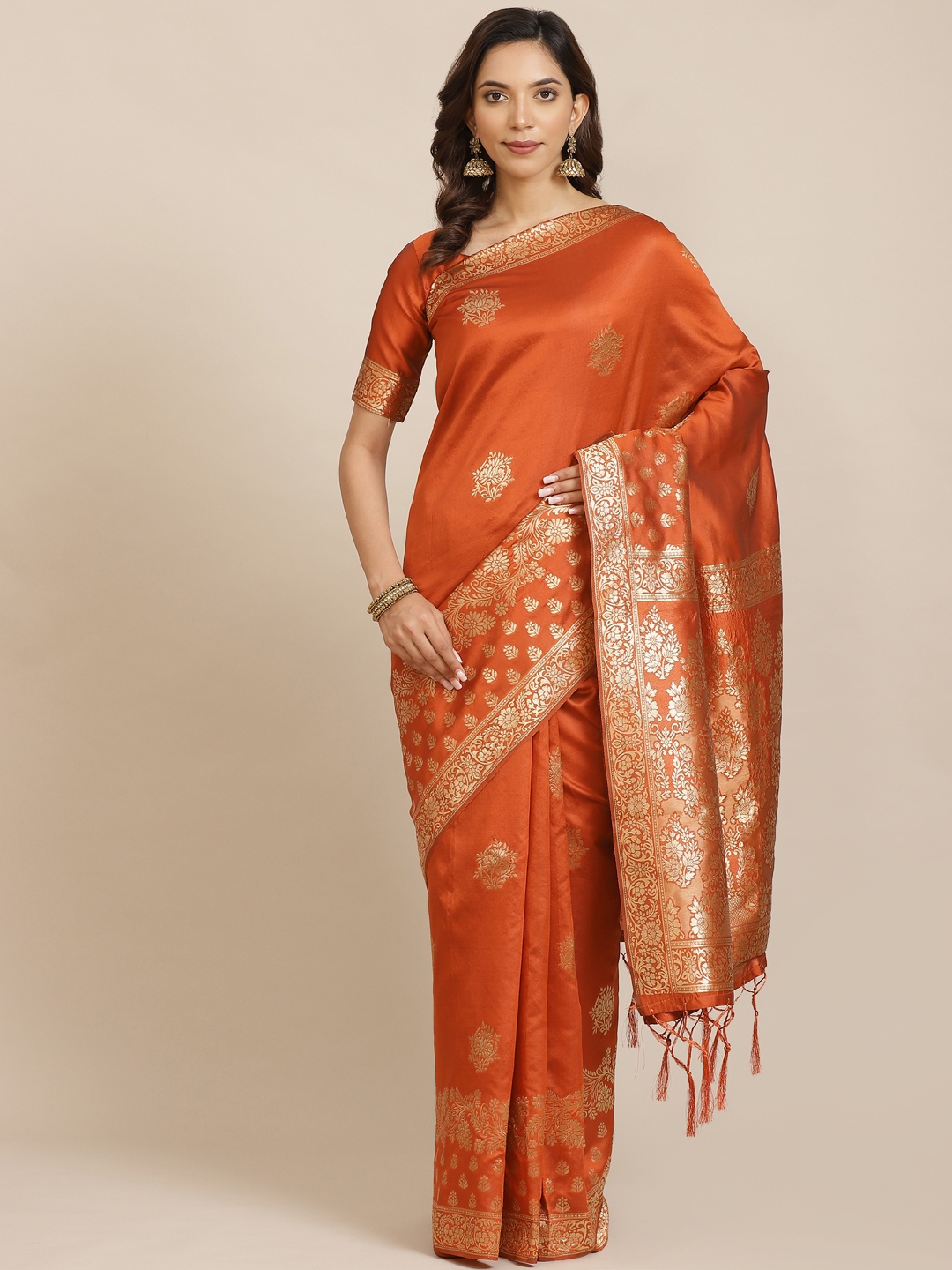 

Saree mall Rust Orange & Golden Woven Design Banarasi Saree