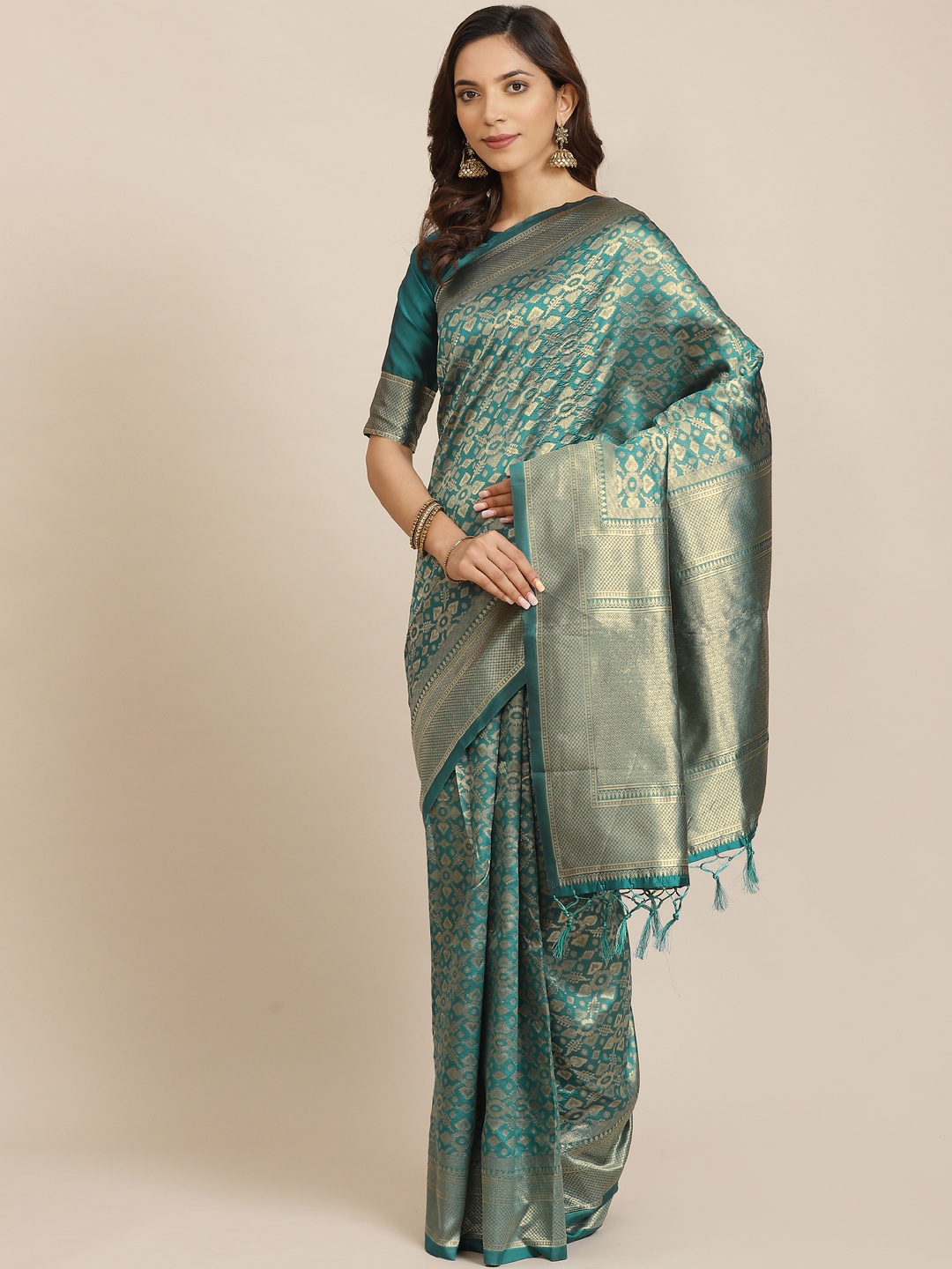 

Saree mall Teal Green & Golden Woven Design Banarasi Saree