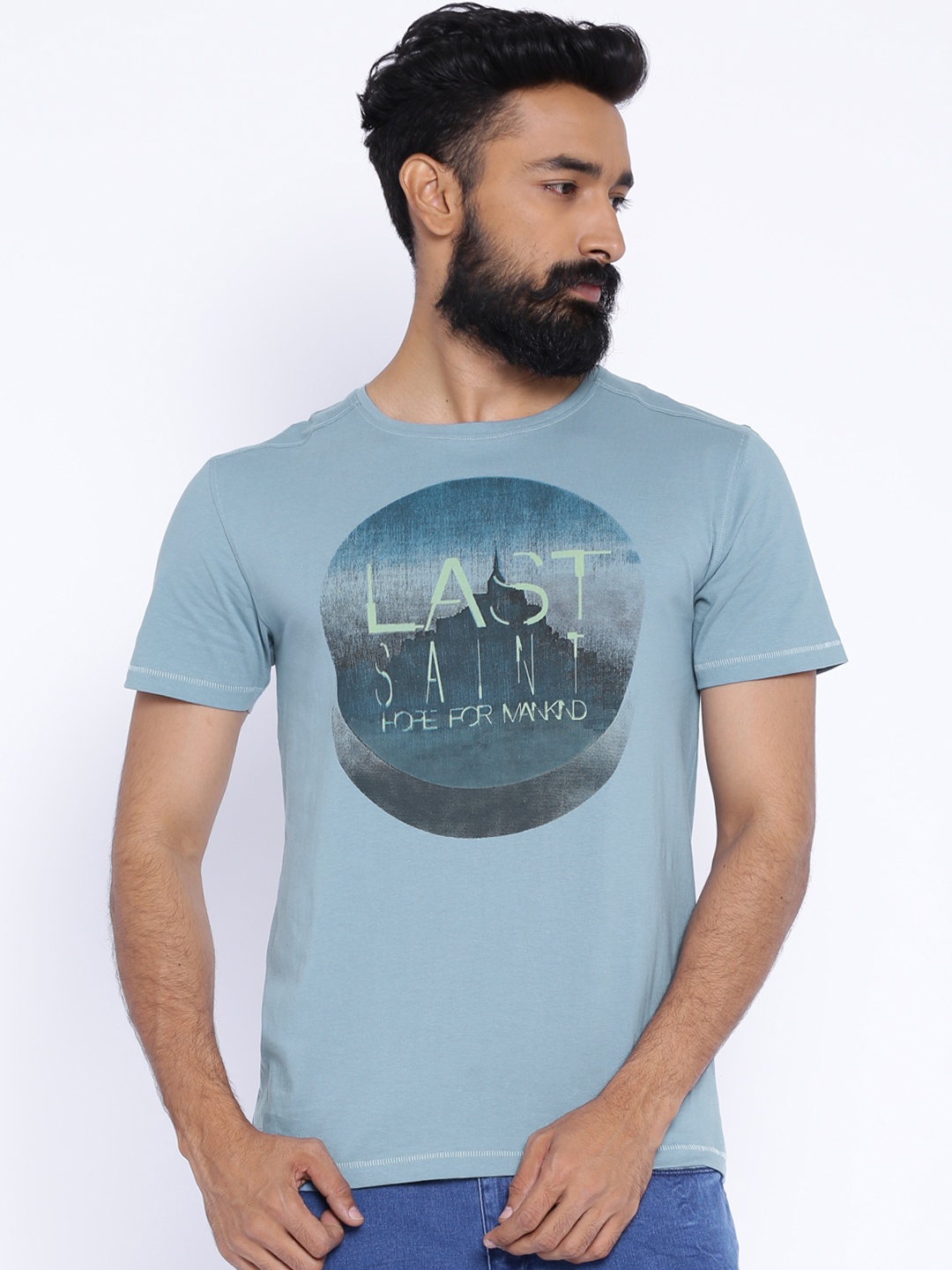 

Blue Saint Blue Printed Slim Fit Pure Cotton T-shirt