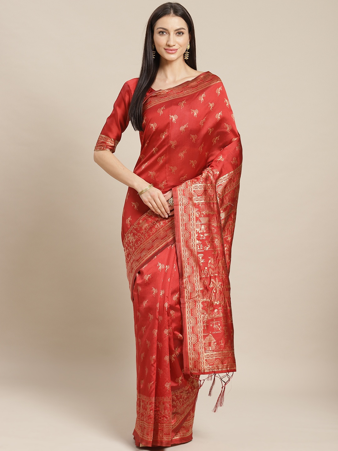 

Saree mall Rust Red & Golden Warli Woven Design Banarasi Saree