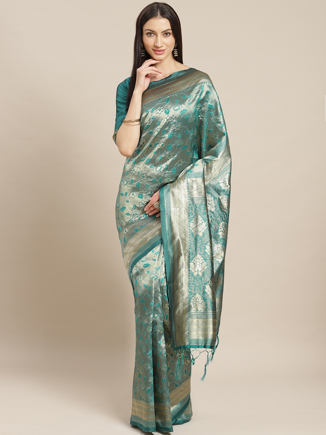 

Saree mall Teal Green & Golden Floral Woven Design Banarasi Saree