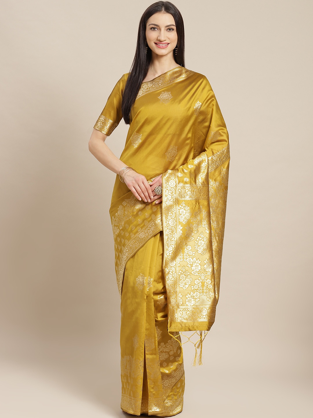 

Saree mall Mustard Yellow & Golden Woven Design Banarasi Saree