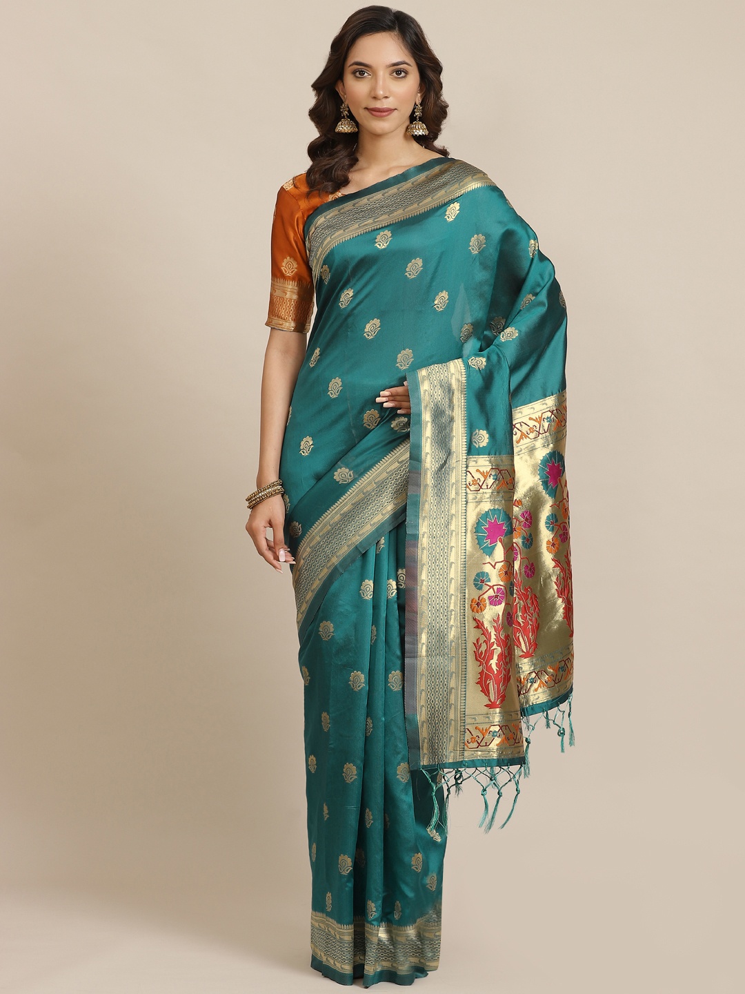 

Saree mall Teal Green & Golden Woven Design Banarasi Saree