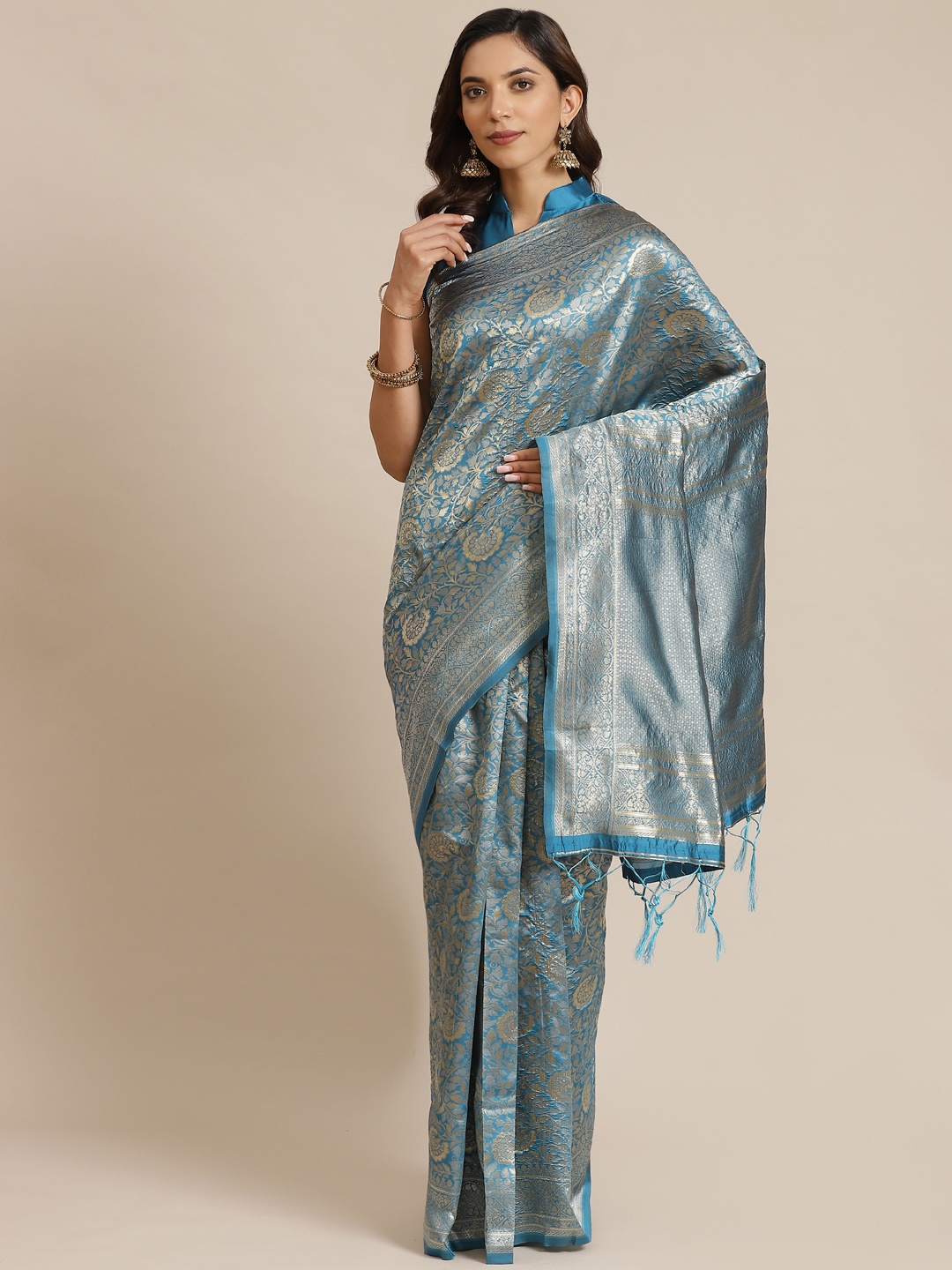 

Saree mall Teal Blue & Golden Woven Design Banarasi Saree