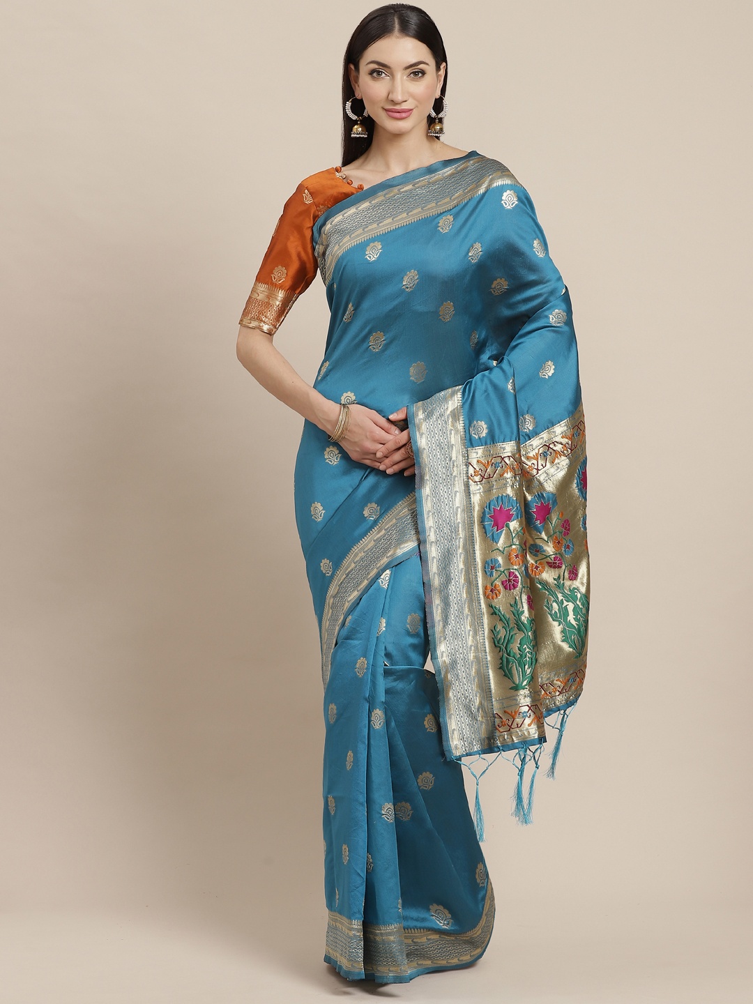 

Saree mall Teal Blue & Golden Woven Design Banarasi Saree