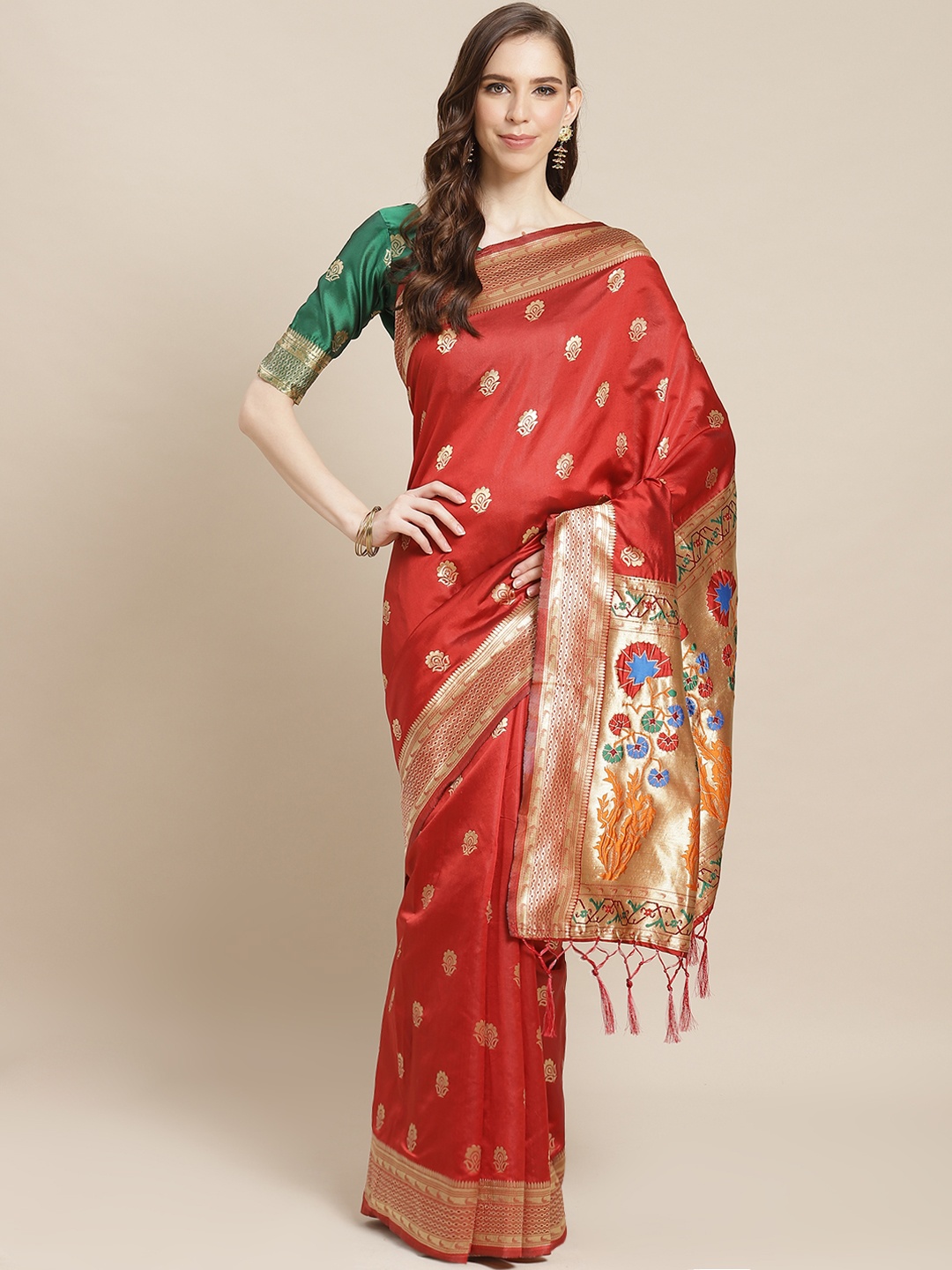 

Saree mall Red & Golden Ethnic Woven Design Banarasi Saree