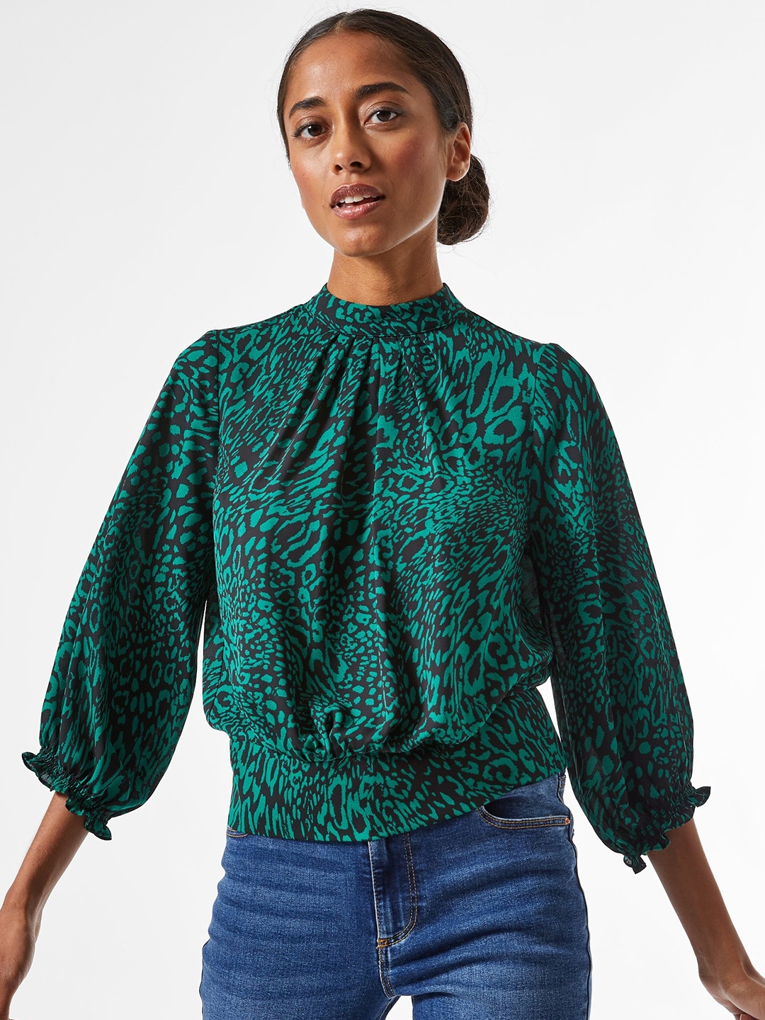 

DOROTHY PERKINS Women Green & Black Leopard Print Petite Blouson Top, Navy blue