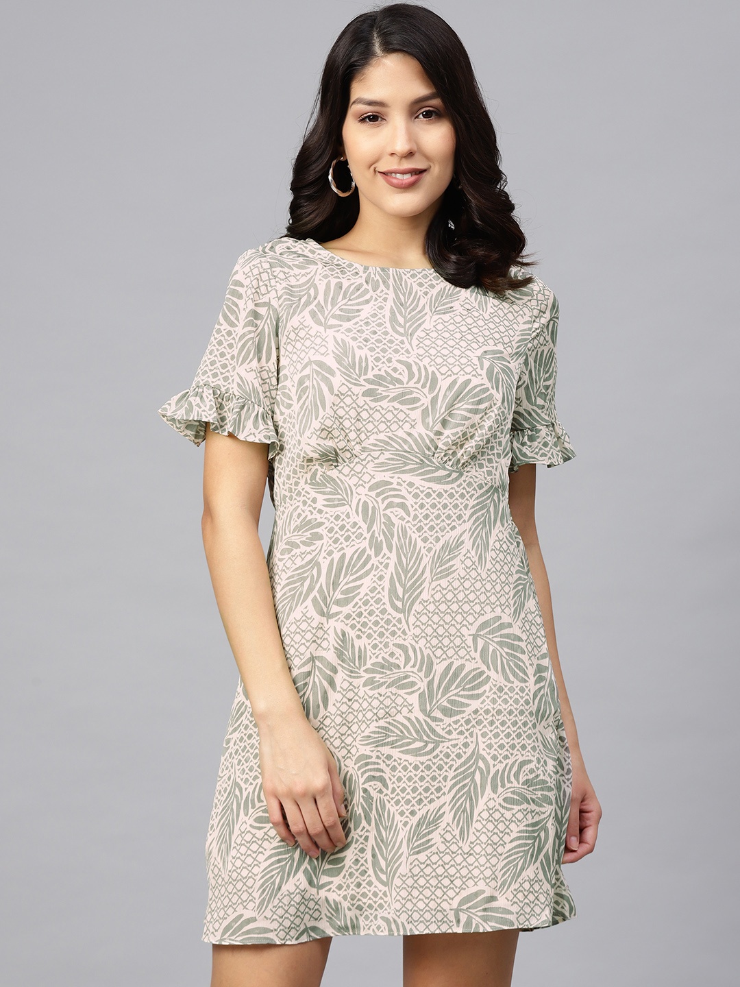 

DOROTHY PERKINS Women Cream-Coloured & Green Petite Tropical Print A-Line Dress