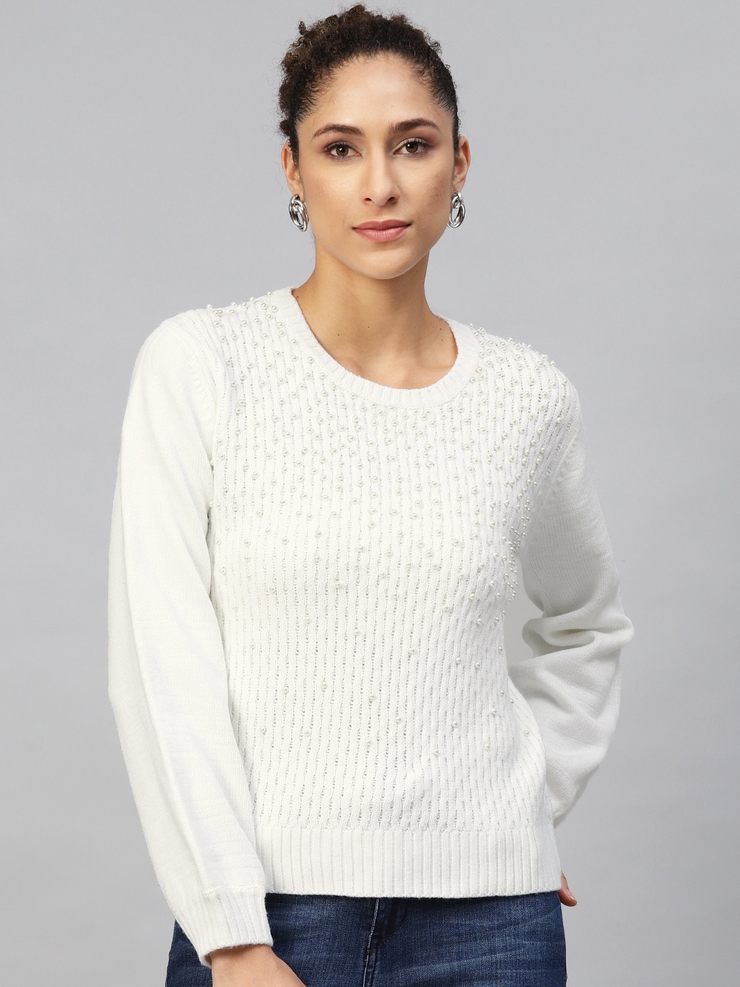 

DOROTHY PERKINS Women Off-White Striped Pullover Acrylic Sweater