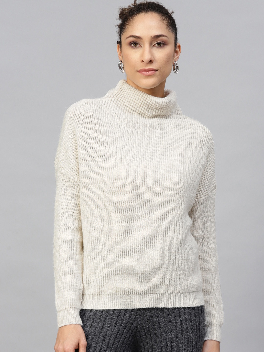 

DOROTHY PERKINS Women Off-White Ribbed Pullover Sweater