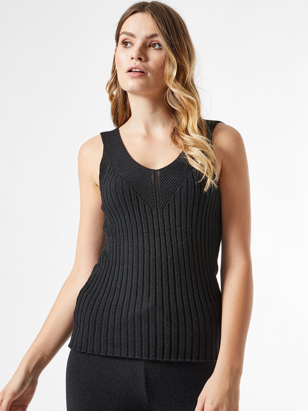 

DOROTHY PERKINS Women Black Ribbed Top