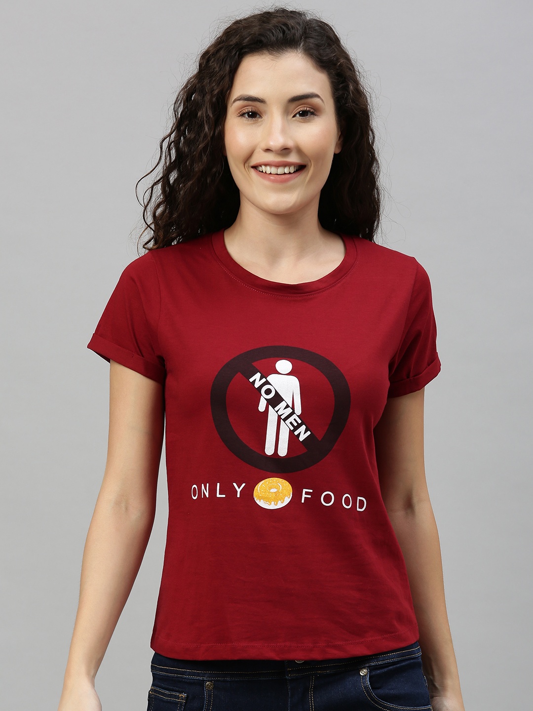 

Enviously Young Women Maroon Slim Fit Printed Round Neck Pure Cotton T-shirt