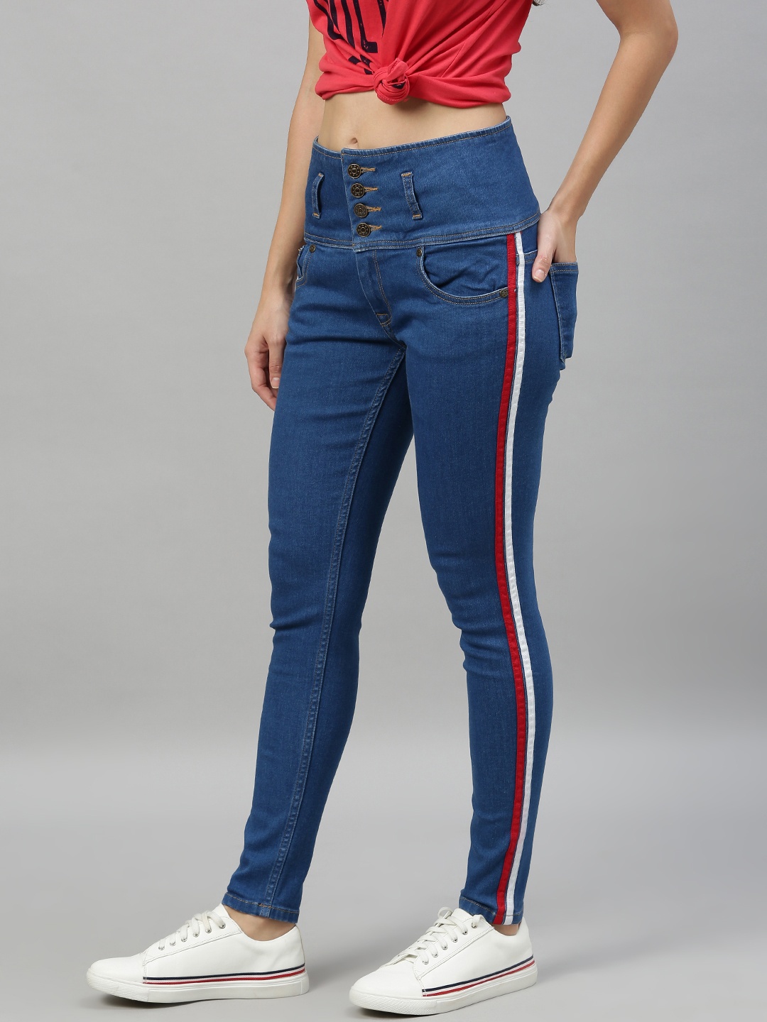 

Enviously Young Women Blue Slim High-Rise Clean Look Stretchable Jeans with Side Stripes