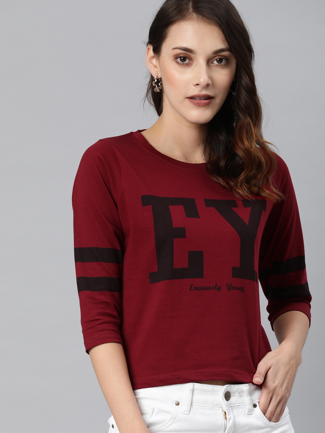 

Enviously Young Women Maroon Printed Round Neck Pure Cotton T-shirt