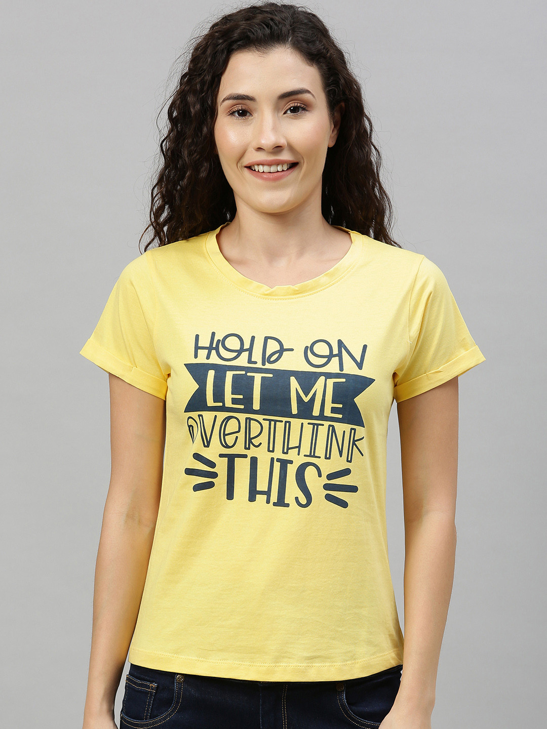 

Enviously Young Women Yellow Navy Blue Slim Fit Printed Round Neck Pure Cotton T-shirt
