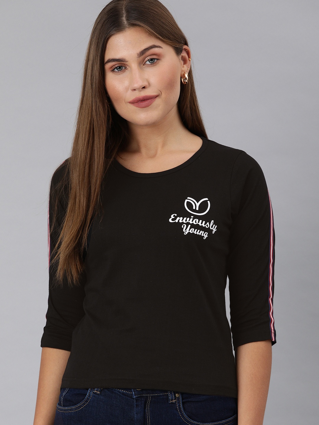 

Enviously Young Women Black Printed Round Neck T-shirt with Side Stripes