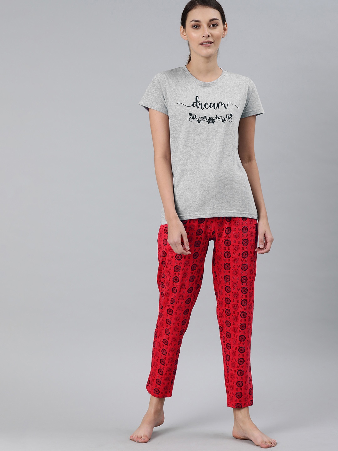 

Enviously Young Women Grey Melange & Red Floral Printed Night suit