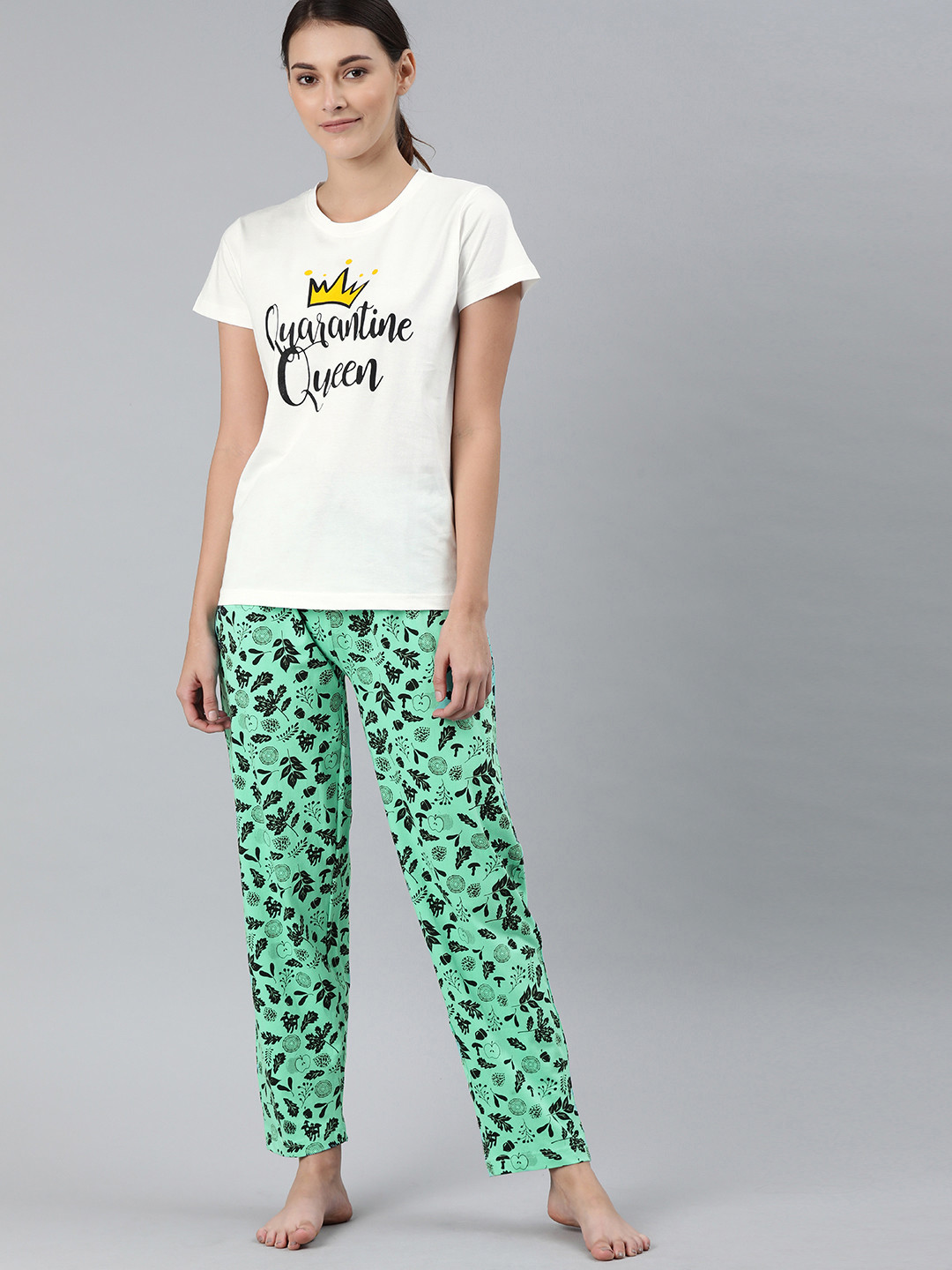 

Enviously Young Women Off-White & Green Floral Printed Night suit