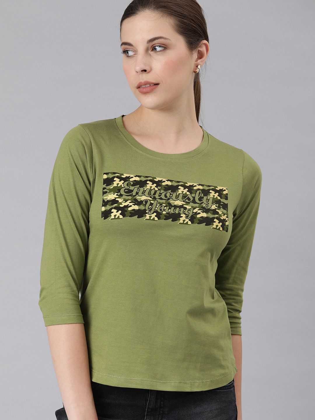 

Enviously Young Women Olive Green Printed Round Neck T-shirt
