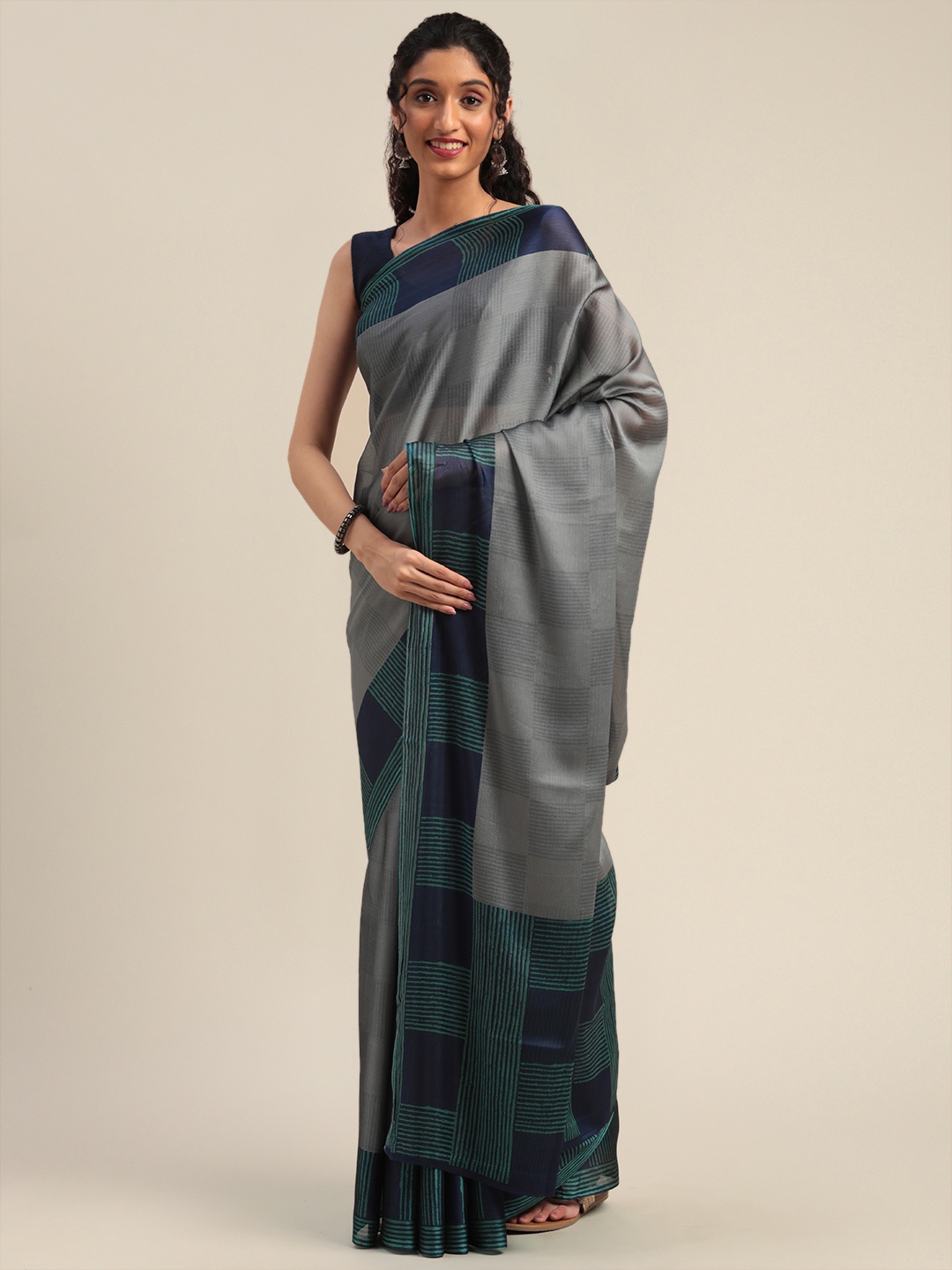 

MIRCHI FASHION Grey & Teal Green Poly Chiffon Checked Saree