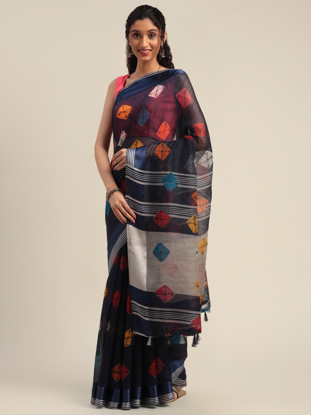 

KALINI Navy Blue & Orange Polycotton Printed Bandhani Saree