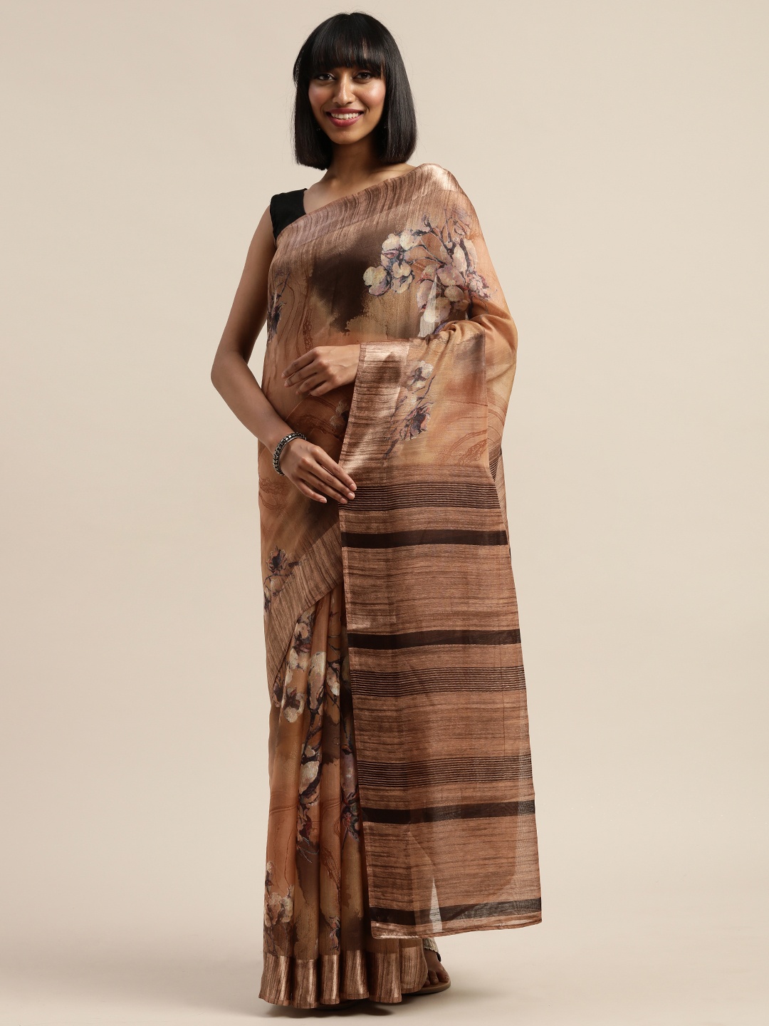 

Mirchi Fashion Brown Printed Polycotton Saree