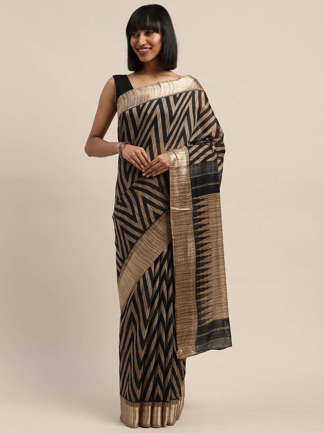 

Mirchi Fashion Black & Beige Polycotton Printed Saree