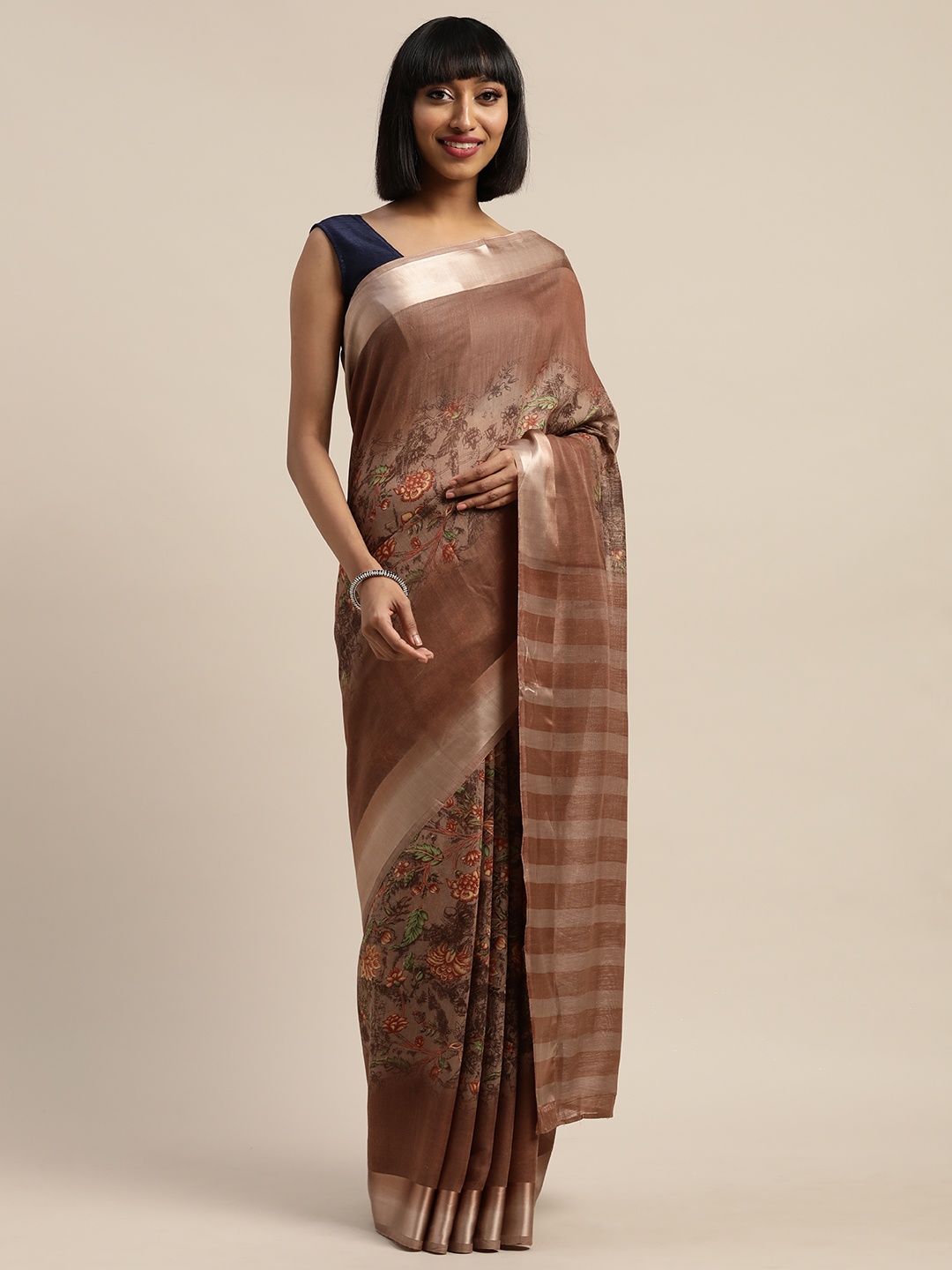 

KALINI Brown Printed Polycotton Saree