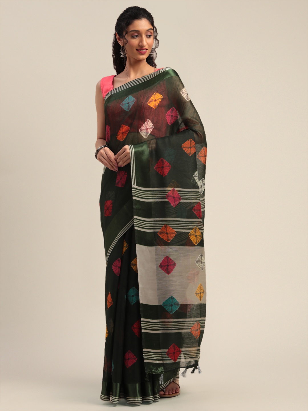 

KALINI Green & Pink Polycotton Printed Bandhani Saree